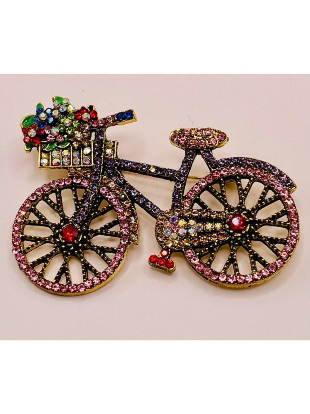 Gold-Tone Bicycle Brooch Multicolor Rhinestones Basket Of Flowers -69B
